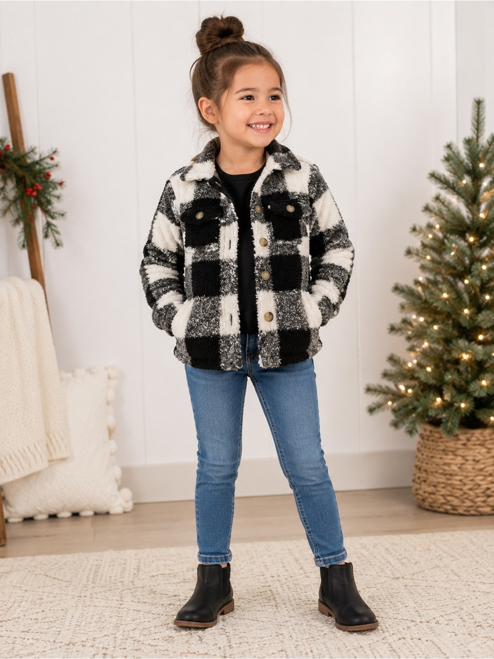 Kids Black & White Plaid Sherpa Jacket